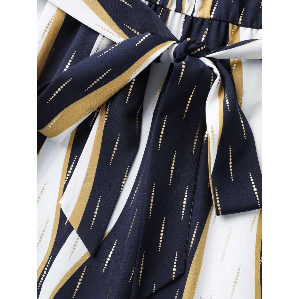 Plus Size Gold Stamp Wavy Striped Lined Midi Dress Navy Women V-neck Sleeveless Curvy BloomChic 14-16/1X Product Image