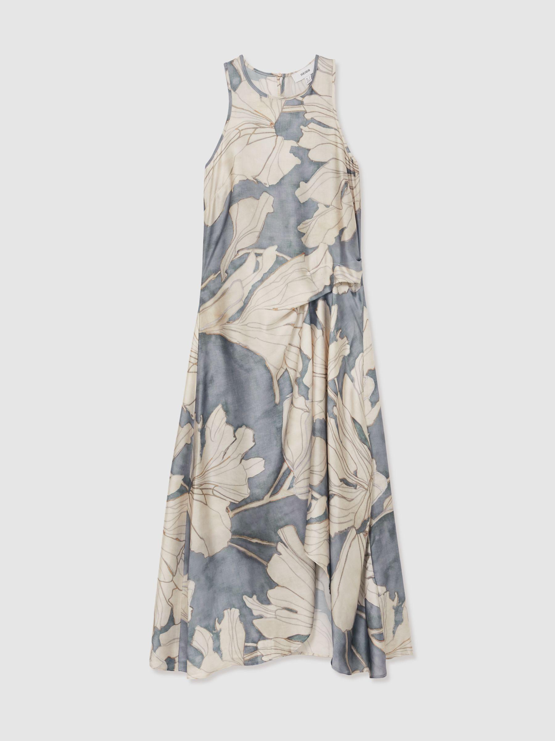 Satin Floral Drape Midi Dress in Blue Product Image