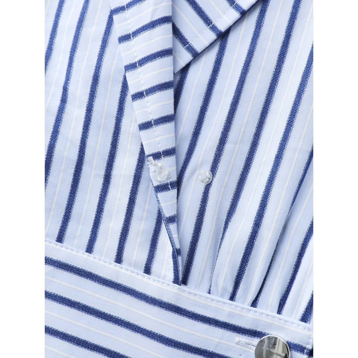 Plus Size Striped Notched Lapel Collar Midi Dress LightBlue Women Office Button Suit Collar Half Sleeve Curvy BloomChic 18-20/2X Product Image