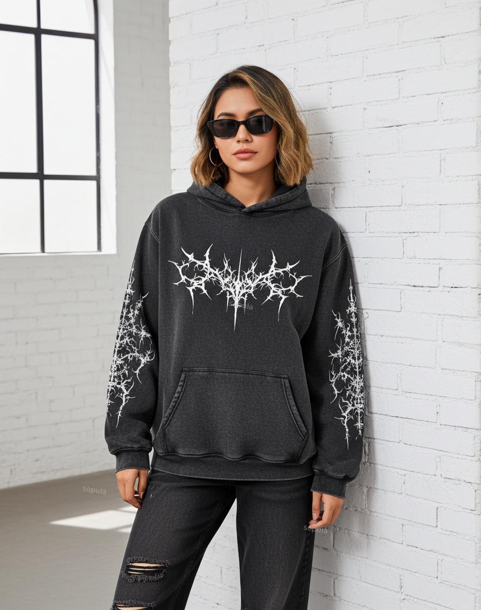 Vintage Pattern Print Acid Washed Oversized Hoodie Product Image