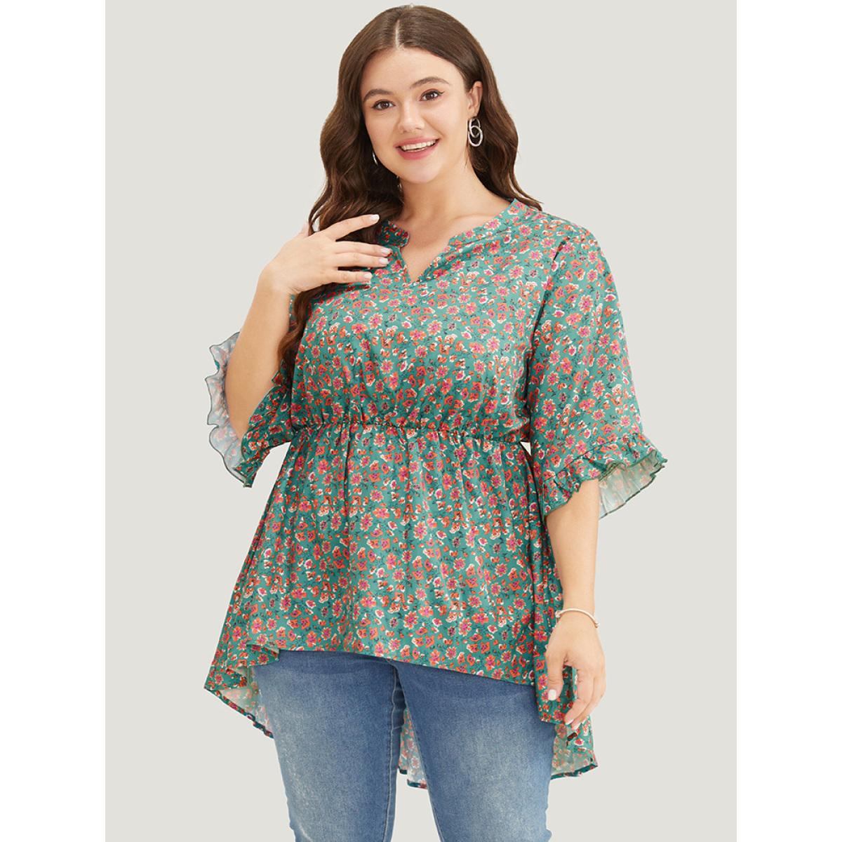 Plus Size Emerald Ditsy Floral Ruffle Sleeve Notched High Low Hem Blouse Women Elegant Short sleeve Notched collar Dailywear Blouses BloomChic 10/M Product Image