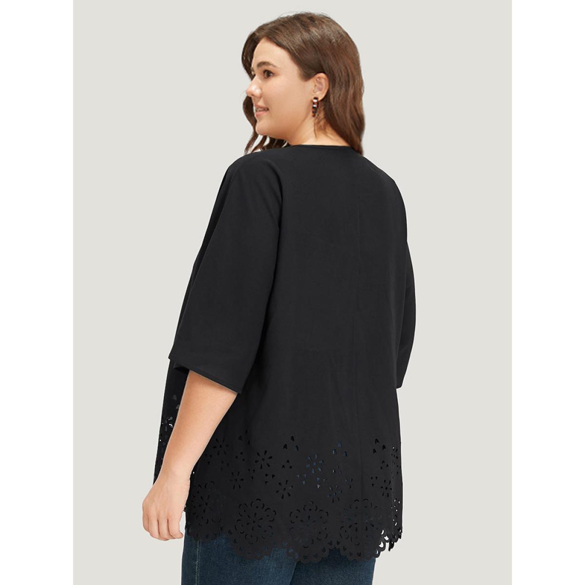 Plus Size Plain Laser Cut Open Front Scalloped Trim Kimono Women Black Casual Plain Dailywear Kimonos BloomChic 12/L Product Image