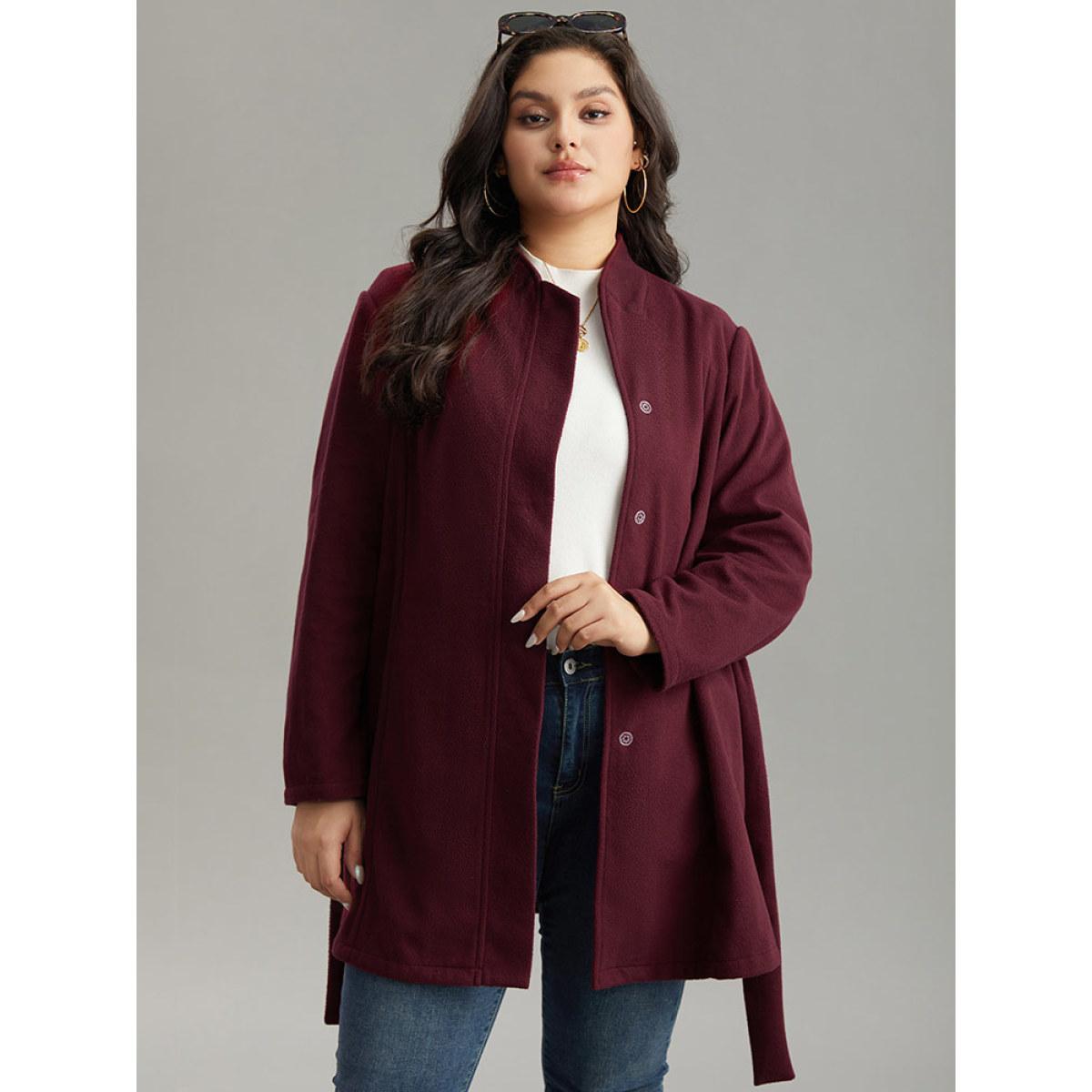 Plus Size Solid Button Fly Stand Collar Belted Pocket Coat Women Burgundy Casual Plain Ladies Everyday Winter Coats BloomChic 26/4X Product Image
