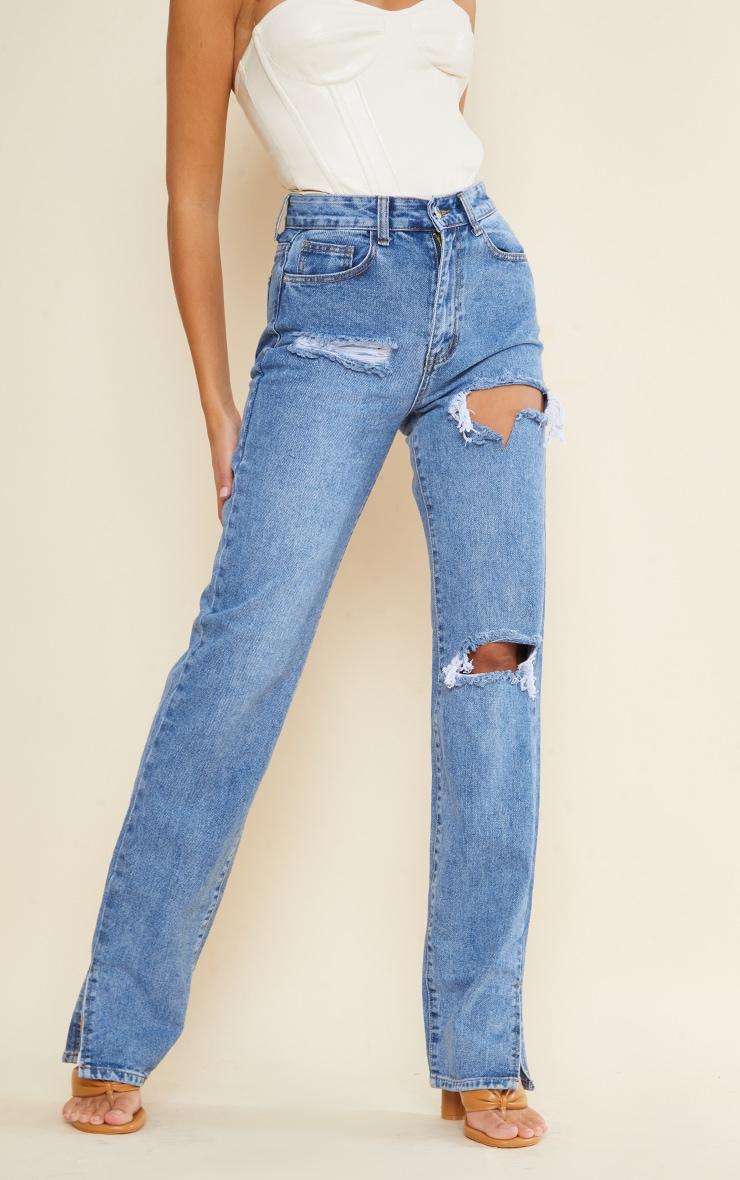 Tall Mid Blue Wash Ripped High Waist Split Hem Jeans Product Image