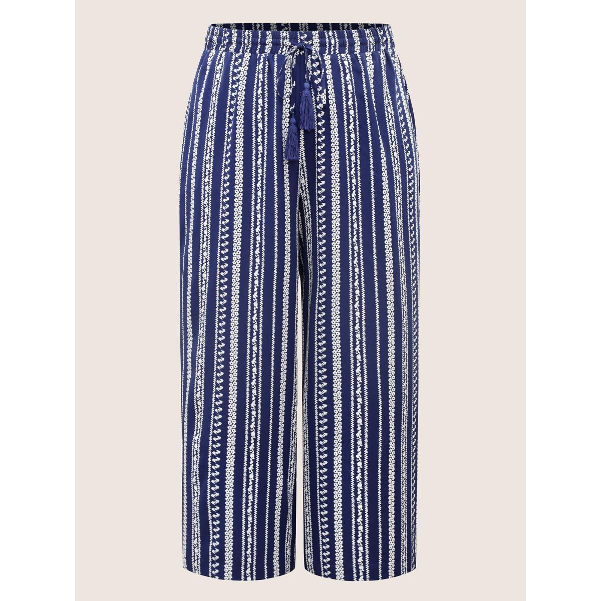 Plus Size Bandana Striped Tassel Drawstring Wide Leg Pants Women DarkBlue Resort Wide Leg Mid Rise Vacation Pants BloomChic 22-24/3X Product Image