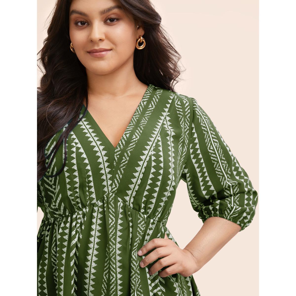 Plus Size ArmyGreen Bandana Geometric Lantern Sleeve Gathered Blouse Women Resort Elbow-length sleeve V-neck Vacation Blouses BloomChic 22-24/3X Product Image