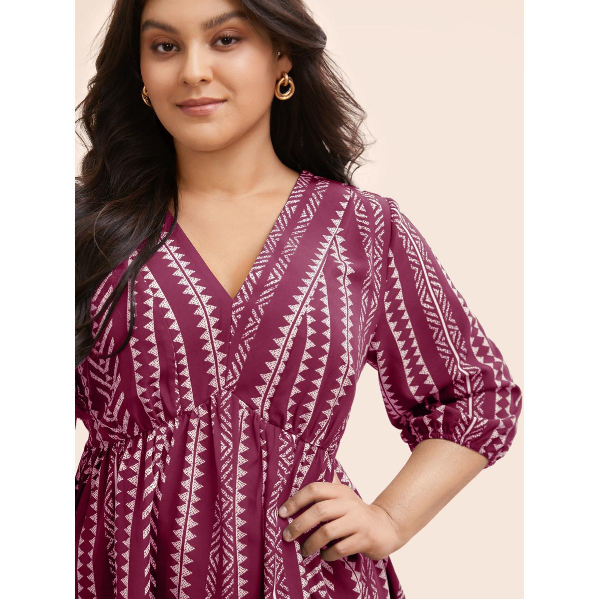 Plus Size RedViolet Bandana Geometric Lantern Sleeve Gathered Blouse Women Resort Elbow-length sleeve V-neck Vacation Blouses BloomChic 10/M Product Image