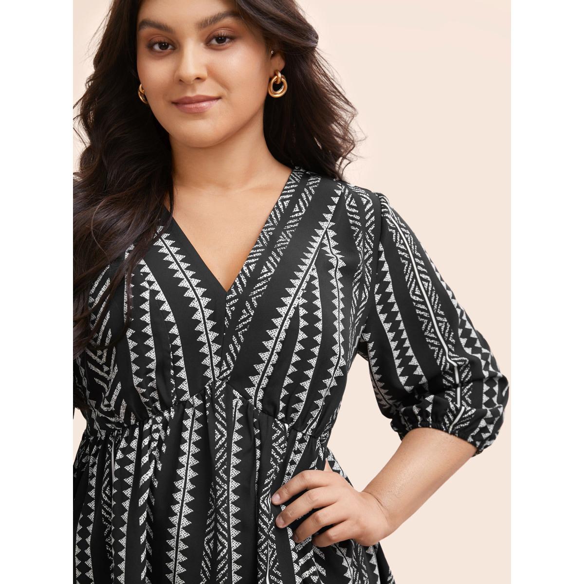 Plus Size Black Bandana Geometric Lantern Sleeve Gathered Blouse Women Boho Elbow-length sleeve V-neck Vacation Blouses BloomChic 30/6X Product Image