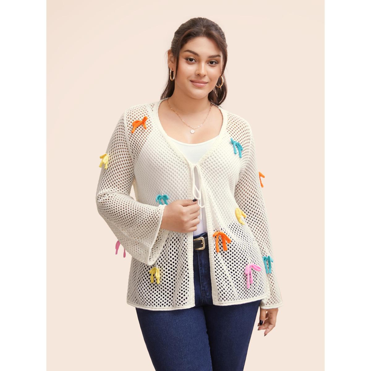 Plus Size Bowknot Tie Knot Bell Sleeve Cardigan Ivory Women Casual Loose Long Sleeve Everyday Cardigans BloomChic 28/5X Product Image