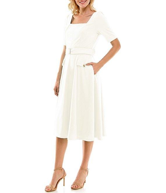 Maison Tara Short Sleeve Square Neck Belted Fit And Flare Midi Dress Product Image