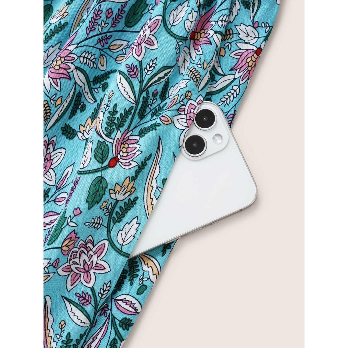 Plus Size Boho Print Wrap Elastic Waist Lantern Sleeve Dress Turquoise Women Resort Overlapping Overlap Collar Elbow-length sleeve Curvy Midi Dress BloomChic 26/4X Product Image