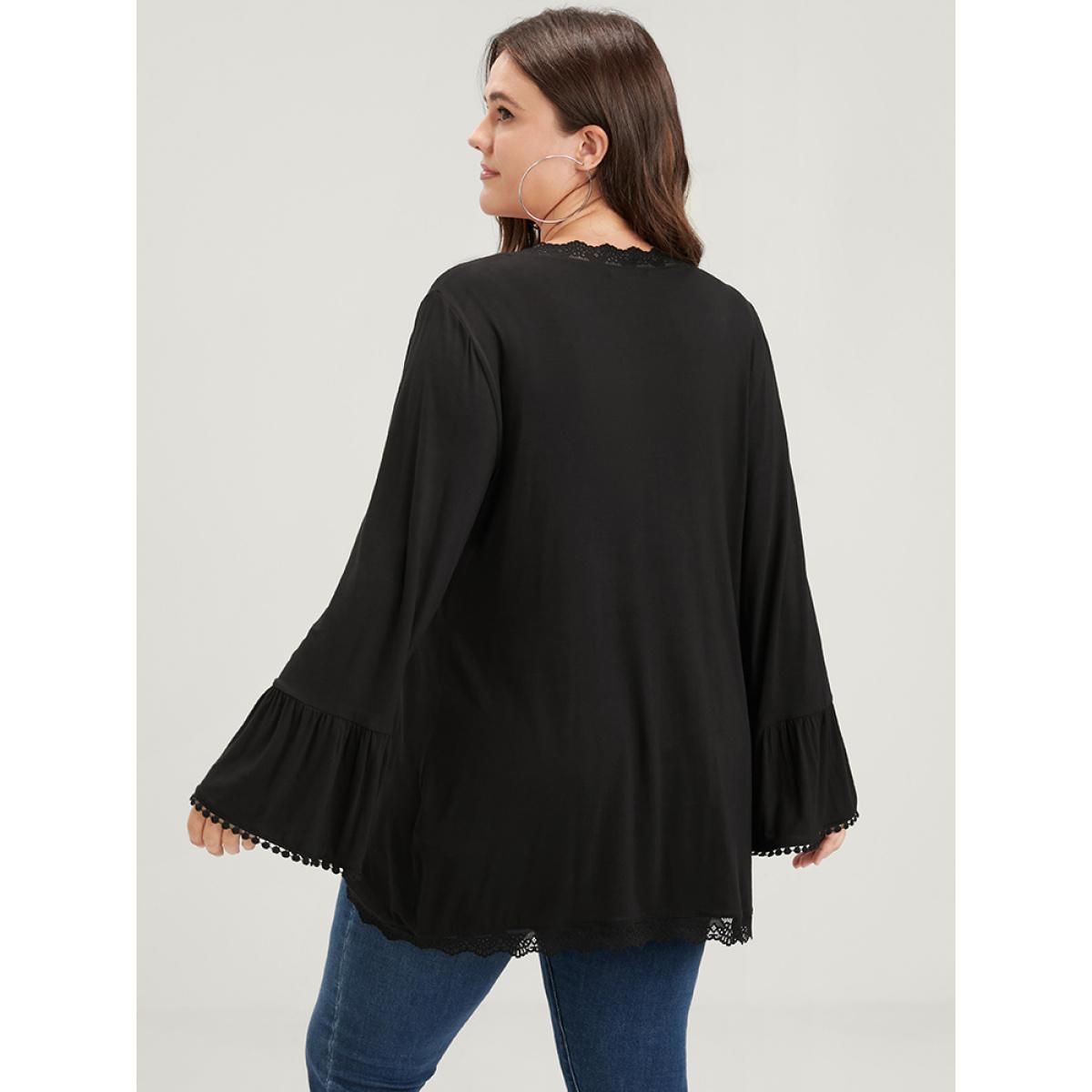 Plus Size Solid Ruffle Sleeve Lace Trim Coat Women Black Elegant Patchwork Ladies Dailywear Winter Coats BloomChic 12/L Product Image