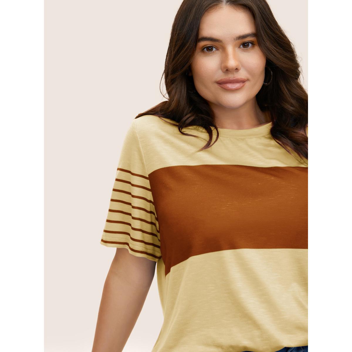 Plus Size Crew Neck Striped Patchwork Contrast T-shirt Beige Women Casual Contrast Art&design Round Neck Everyday T-shirts BloomChic 14-16/1X Product Image