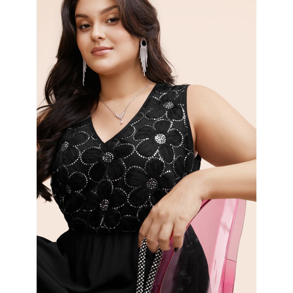 Plus Size V Neck Sequin Floral Patchwork Dress Black Women Formal Texture V-neck Sleeveless Curvy BloomChic 30/6X Product Image