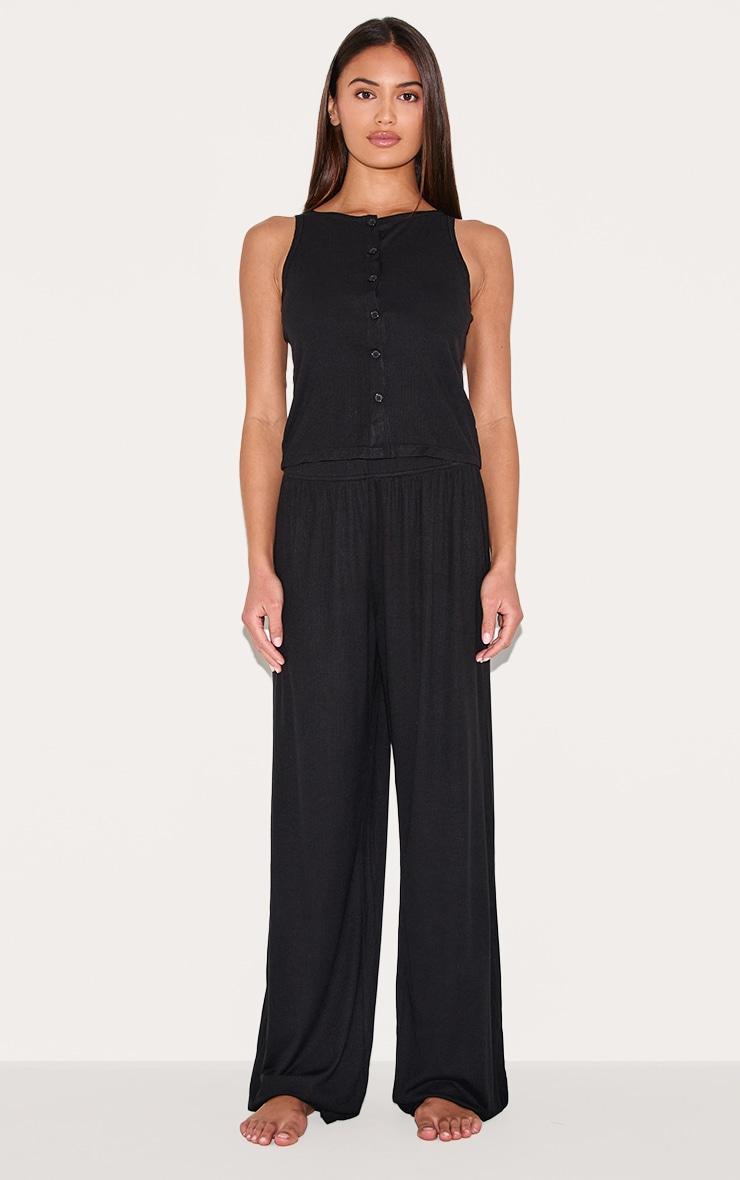 Black Ribbed Button Vest Long Pj Set Product Image