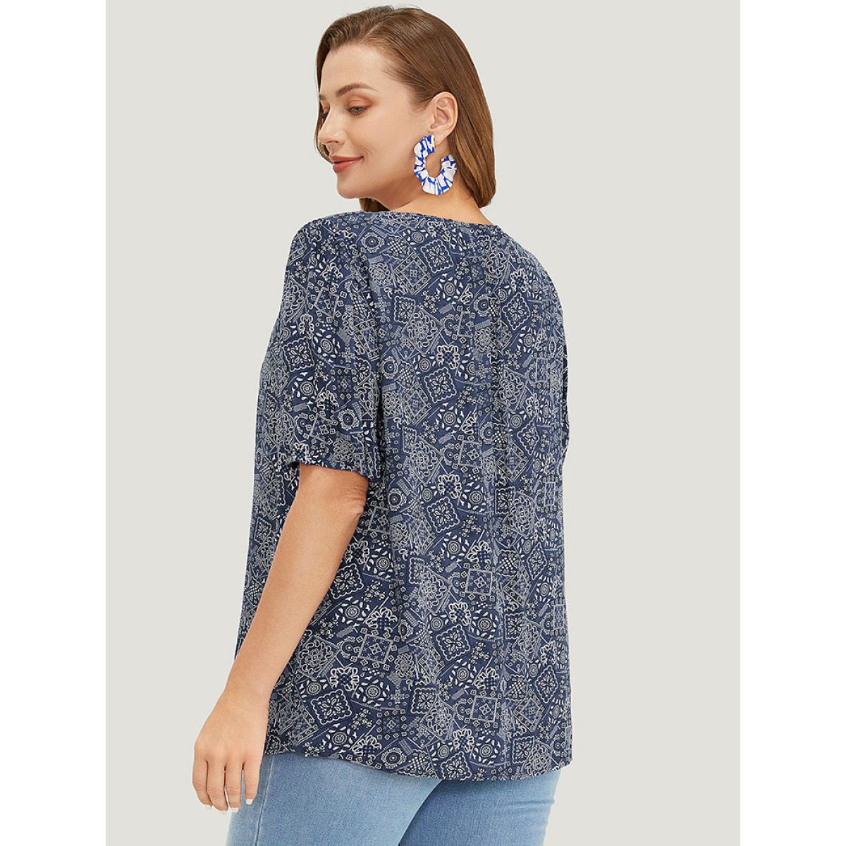 Plus Size Indigo Moroccan Print Keyhole Tie Neck Blouse Women Vacation Short sleeve V-neck Office Blouses BloomChic 28/5X Product Image