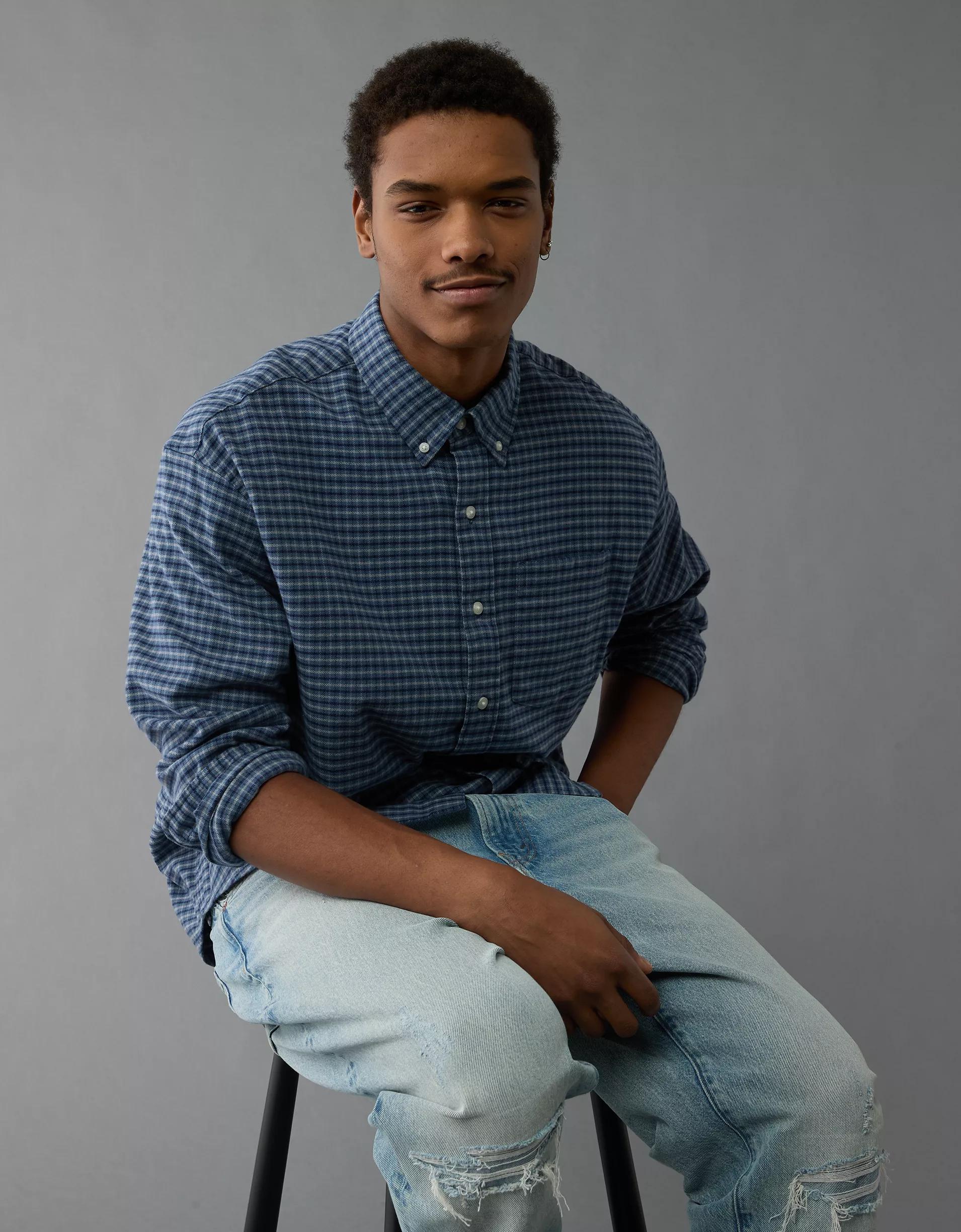 AE Everyday Plaid Flannel Button-Up Shirt Product Image