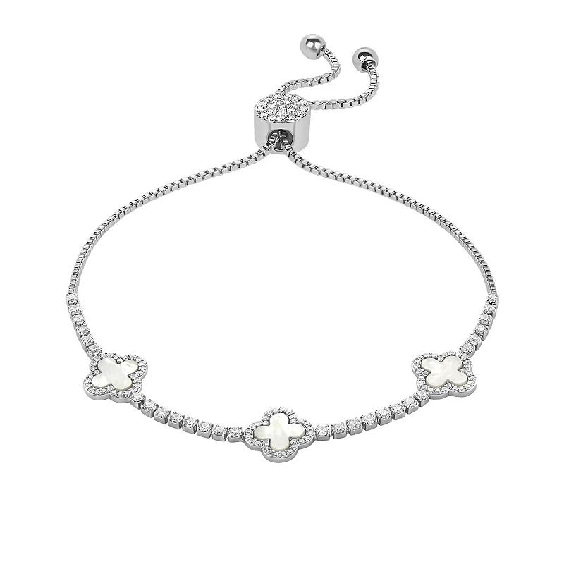 Brilliance Fine Silver Plated Cubic Zirconia and Stone Triple Clover Slider Bracelet, Women's, Size: 4-10" ADJ, Silver Tone White Product Image