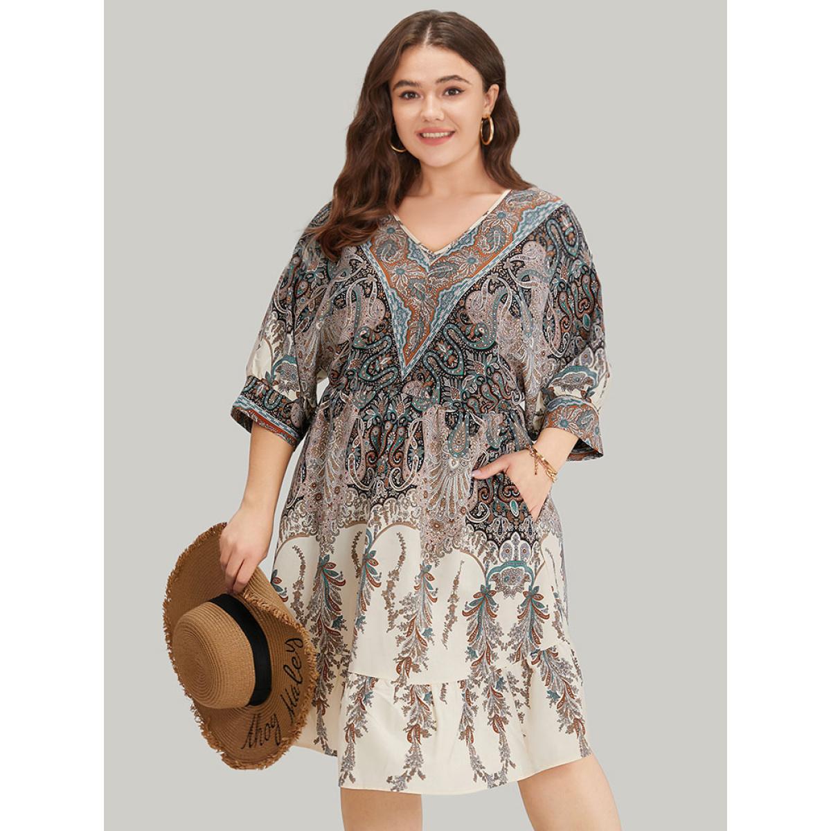 Plus Size Bandana Print Pocket Elastic Waist Patchwork Dress Multicolor Women Vacation Printed V-neck Elbow-length sleeve Curvy Midi Dress BloomChic 18-20/2X Product Image