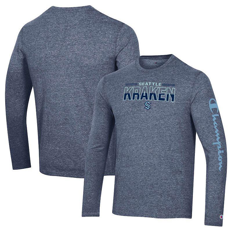Men's Champion Heather Navy Seattle Kraken Tri-Blend Long Sleeve T-Shirt, Size: Medium, Krk Blue Product Image