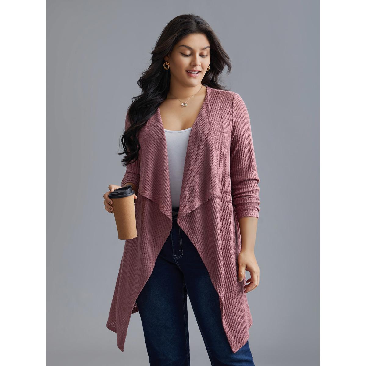 Plus Size Lapel Collar Waffle Grid Open-Front Jacket Women DustyPink Texture Loose Everyday Jackets BloomChic 10/M Product Image