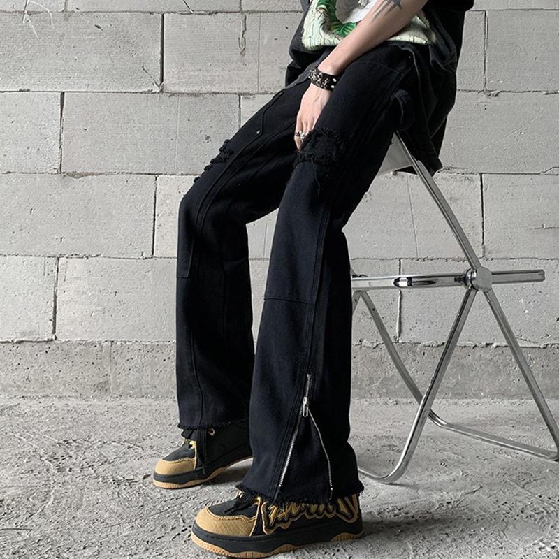 Sopula Trendy Retro Street Ripped Zipper Patchwork Slim Fit Bootcut Jeans Product Image