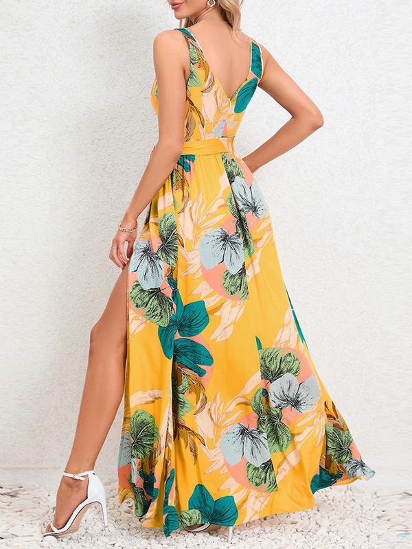 A-Line Loose Flower Print Pleated Split-Front Tied Waist V-Neck Maxi Dresses Product Image