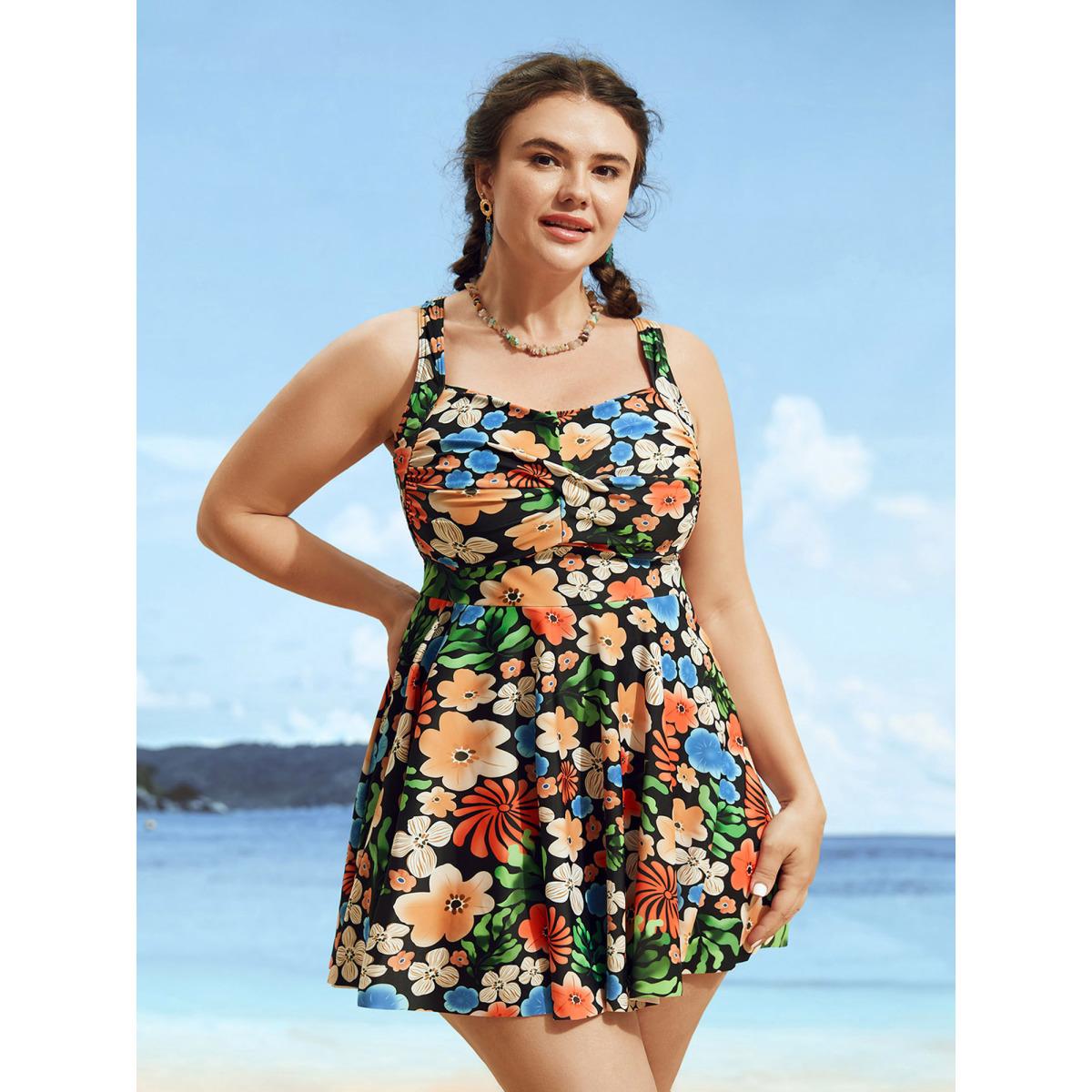 Plus Size Floral Heart Neckline Twist Front Swim Dress Women's Swimwear Multicolor Beach Bodycon Heart neckline High stretch Curve Swim Dresses BloomChic 22-24/3X Product Image