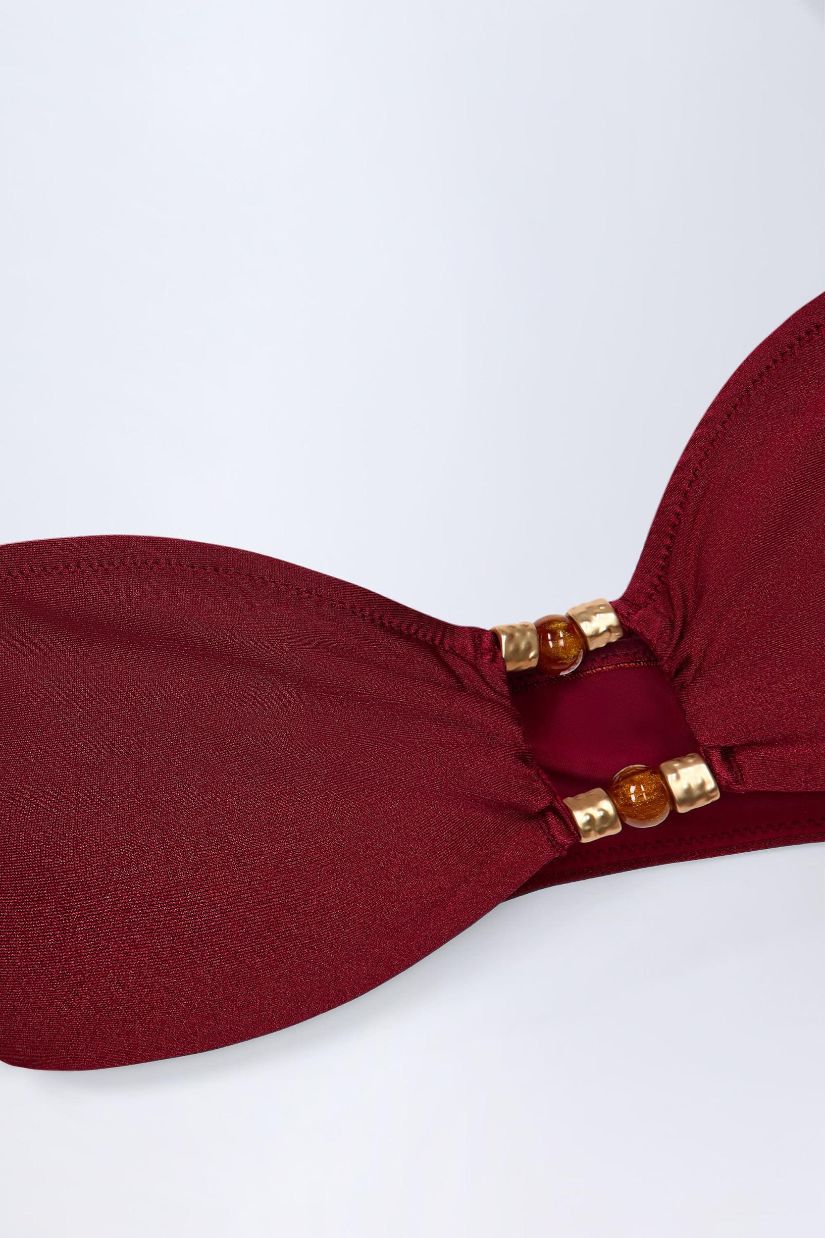 Bead-Embellished Cut-Out Bandeau Swimsuit in Dark Cherry Product Image