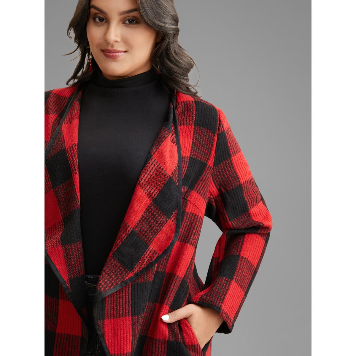 Plus Size Festive Plaid Curved Hem Cardigan Women Brightred Contrast Loose Side seam pocket Everyday Jackets BloomChic 14-16/1X Product Image