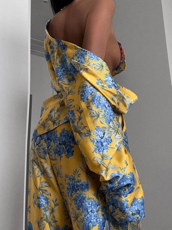 Loose Printed Split-Joint Deep V-Neck Lace-Up Blouse + Drawstring Elasticity Pants Trousers Two Pieces Set Product Image