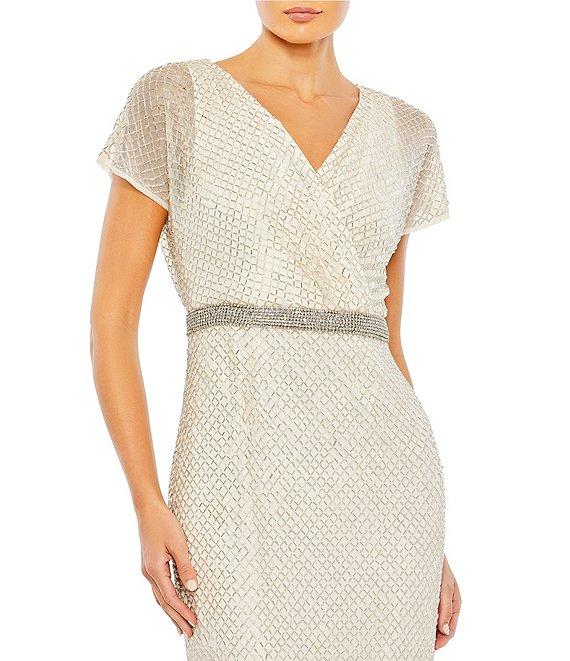 Mac Duggal Surplice V-neck Short Sleeve Beaded Column Gown Product Image