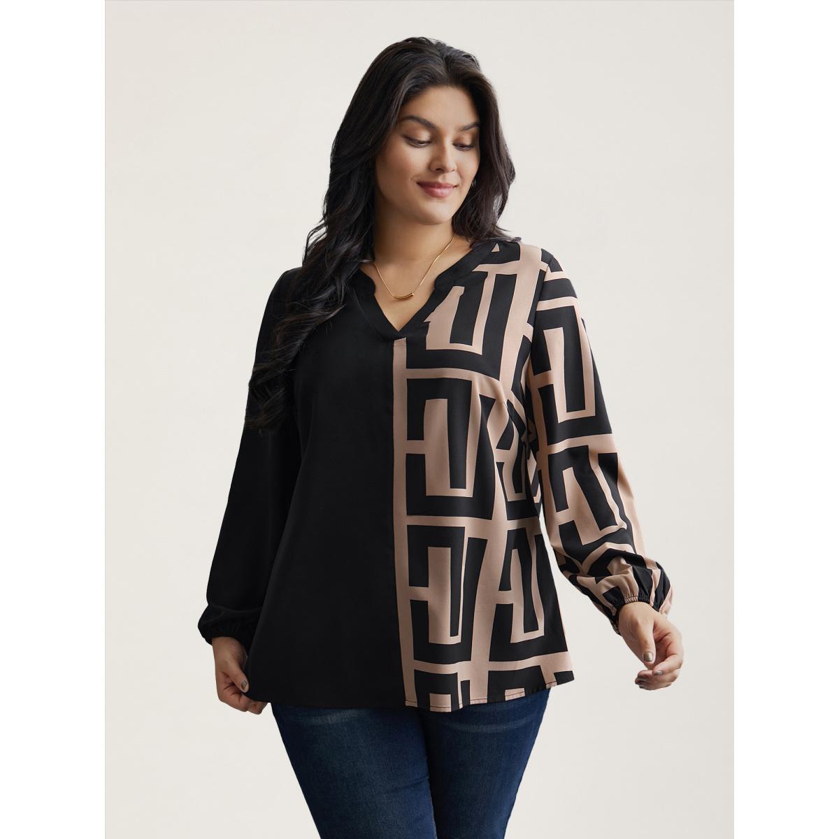 Plus Size Black Notched Geometric Colorblock Contrast Blouse Women At the Office Long Sleeve Notched collar Office Blouses BloomChic 12/L Product Image