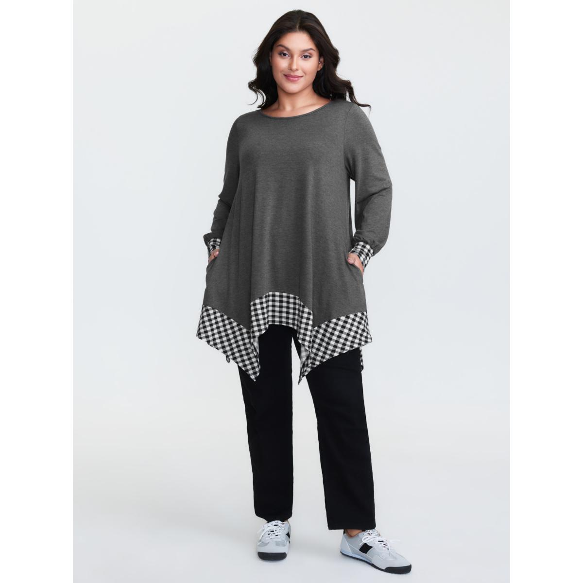 Plus Size Supersoft Stretchy Checkered Asymmetrical Hem T-Shirt DimGray Women Leisure Contrast Boat Neck Loose Casual T-shirts BloomChic 28/5X Product Image