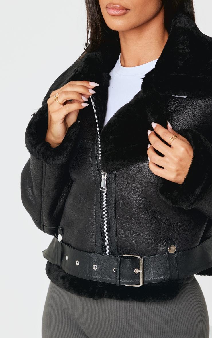 Petite Black Faux Leather Aviator Jacket Product Image