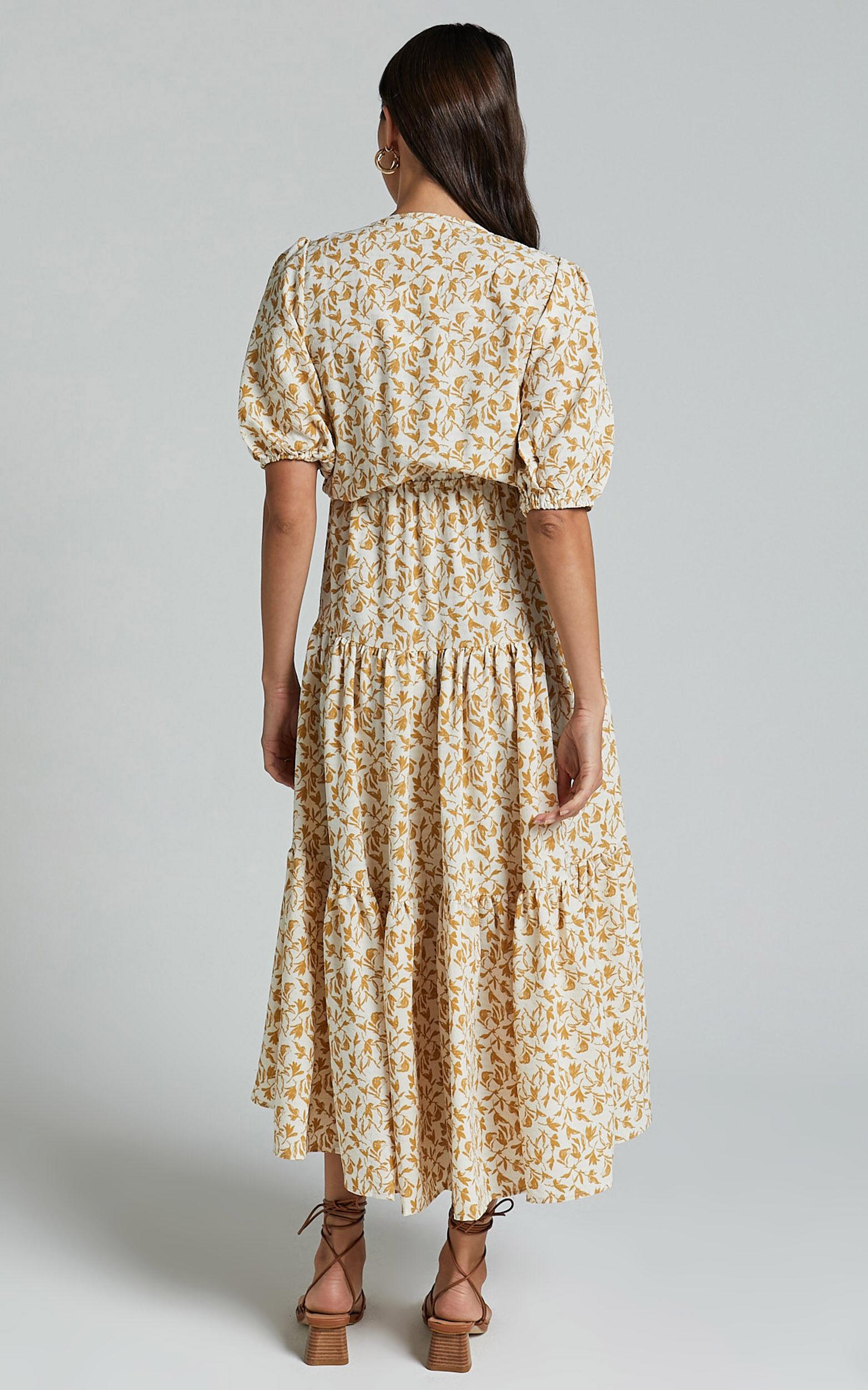 Alena Midi Dress - Short Puff Sleeve Tie Front Tiered Dress in Golden Floral Product Image