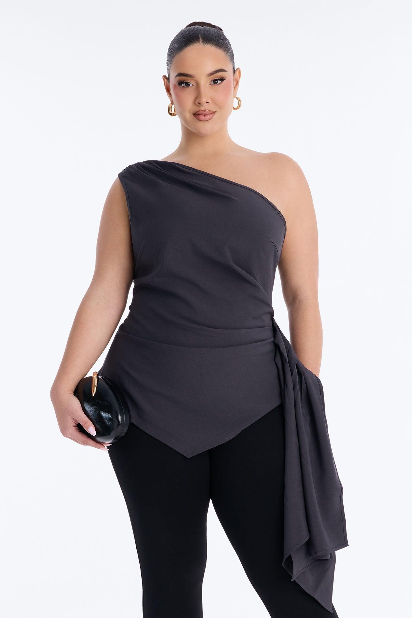 Muse In Motion One Shoulder Draped Top - Charcoal Female Product Image