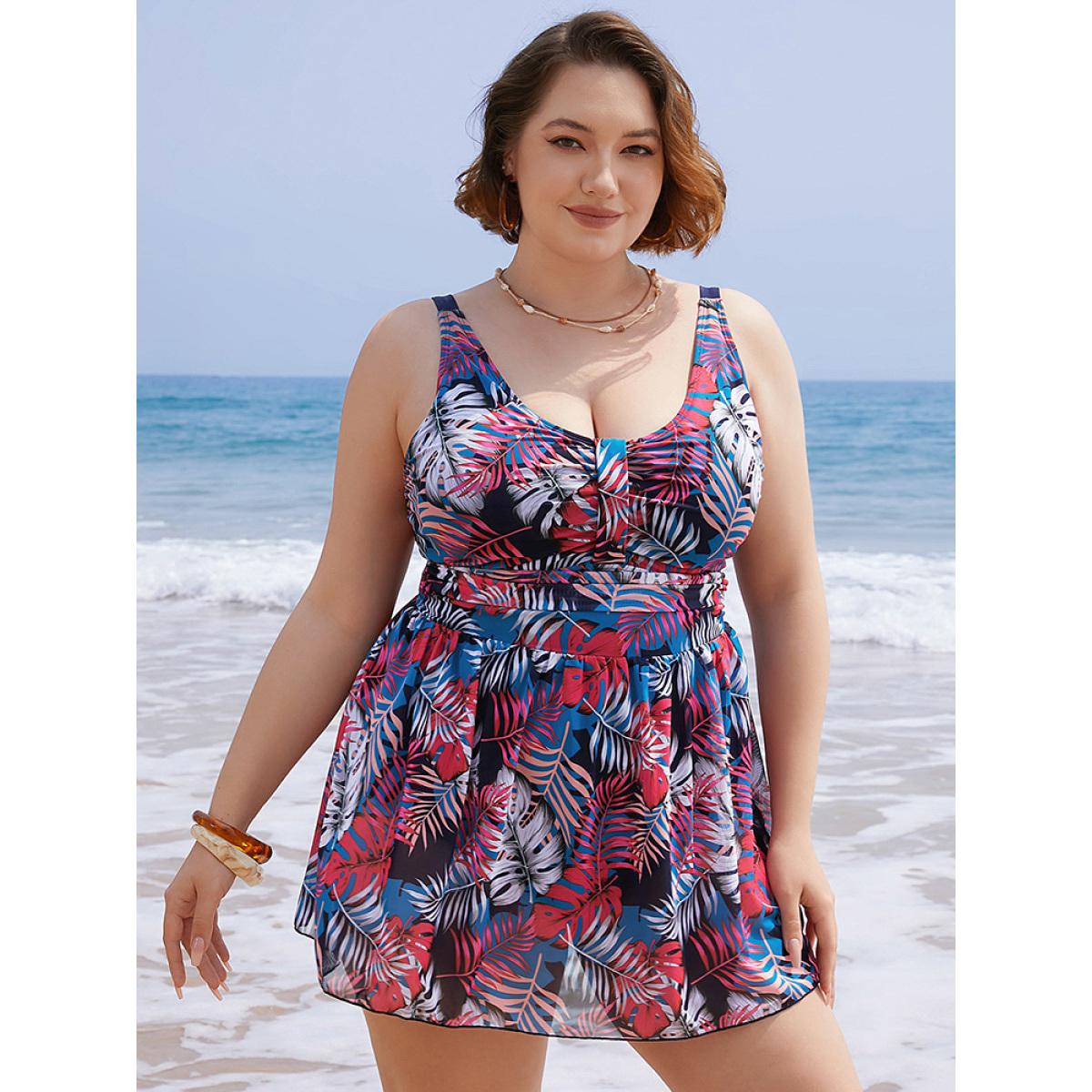 Plus Size Plant Print Contrast Ruffle Hem A Line Ruched Swim Dress Women's Swimwear Indigo Vacation Bodycon V-neck High stretch Curve Swim Dresses BloomChic 22-24/3X Product Image