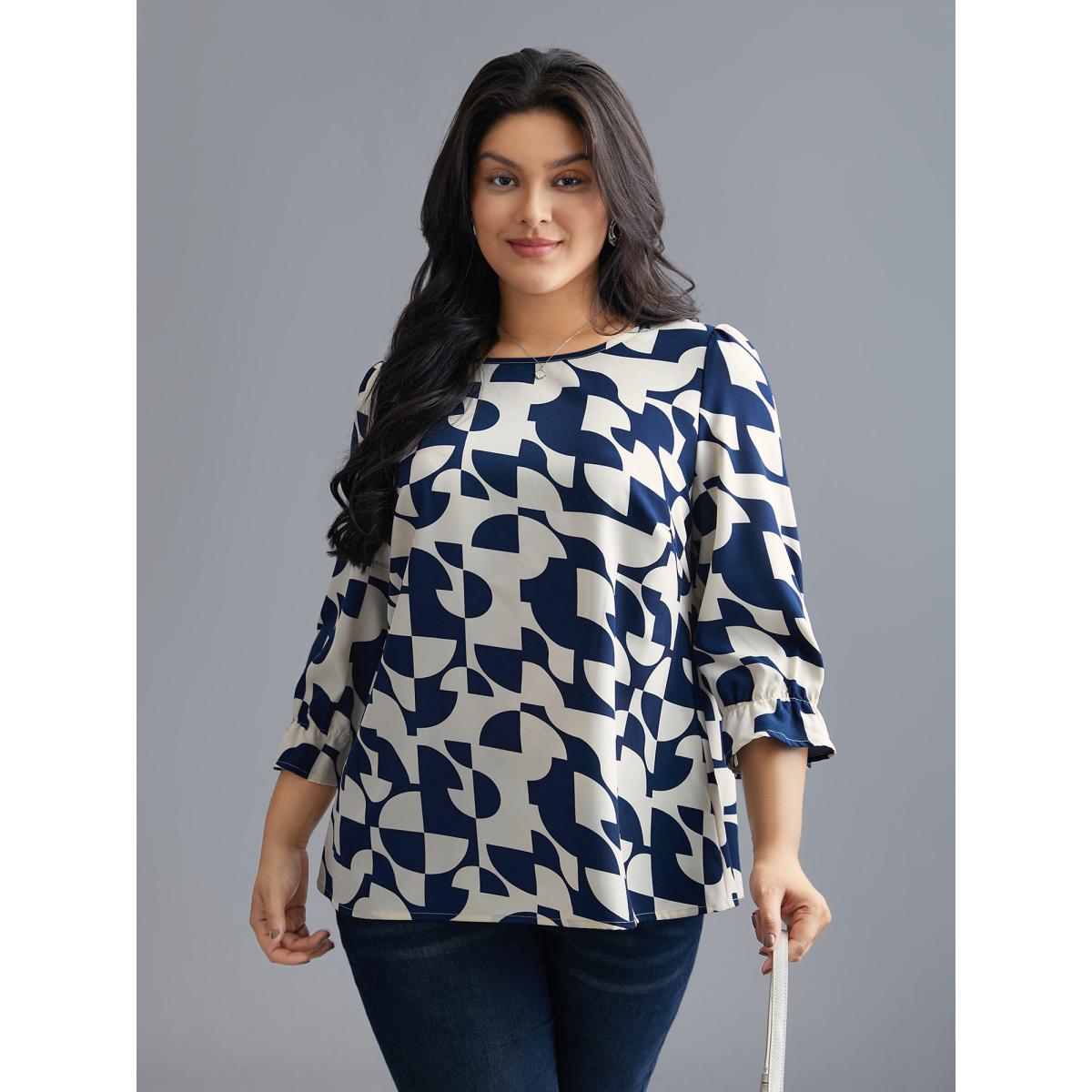 Plus Size Indigo Round Neck Geometric Print Blouse Women Office Elbow-length sleeve Round Neck Office Blouses BloomChic 10/M Product Image