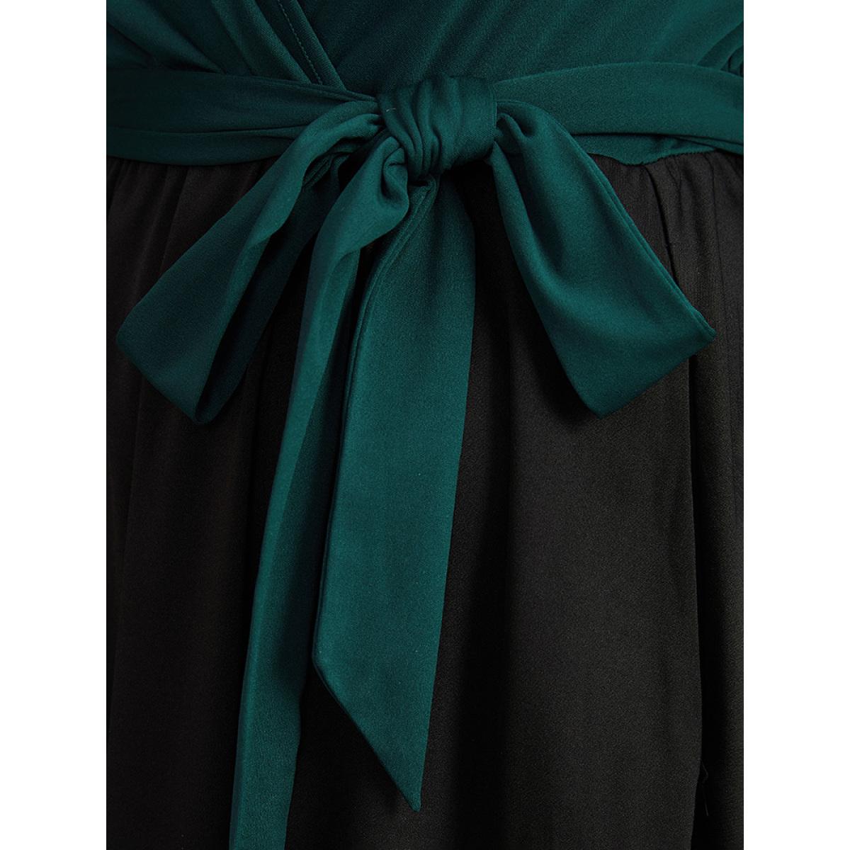 Plus Size Contrast Patchwork Bowknot Overlap Collar Dress DarkGreen Women Elegant Belted V-neck Long Sleeve Curvy Midi Dress BloomChic 14-16/1X Product Image