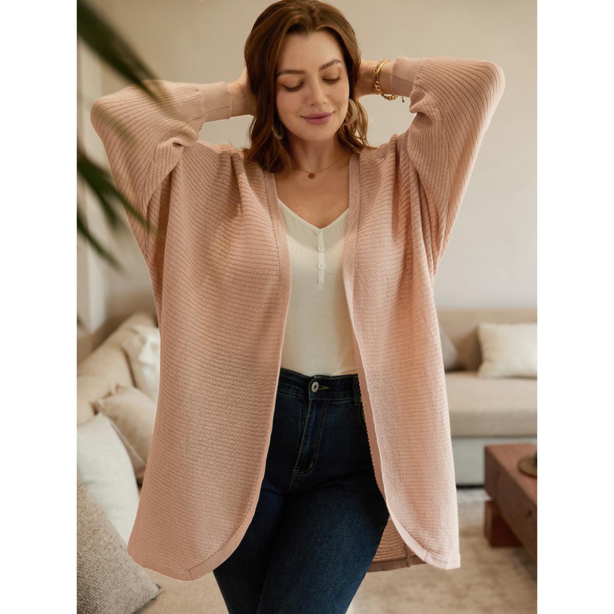Plus Size Plain Textured Curved Hem Cardigan Champagne Women Casual Loose Long Sleeve Everyday Cardigans BloomChic 10/M Product Image