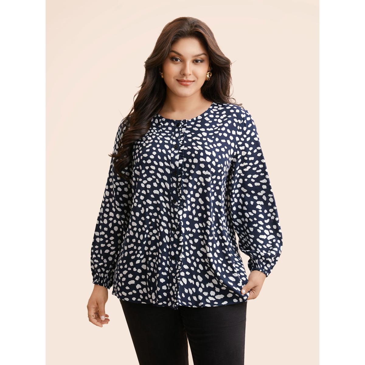 Plus Size Indigo Leopard Print Ruffles Lantern Sleeve Blouse Women Elegant Long Sleeve Round Neck Everyday Blouses BloomChic 22-24/3X Product Image