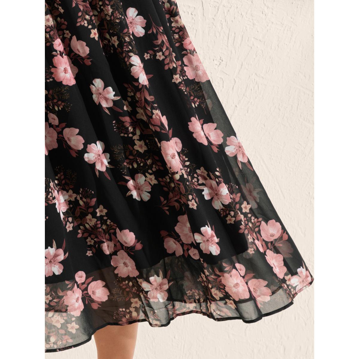 Plus Size Chiffon Floral Print Lace Trim Midi Dress Black Women Romantic Heart neckline Elbow-length sleeve Curvy BloomChic 12/L Product Image