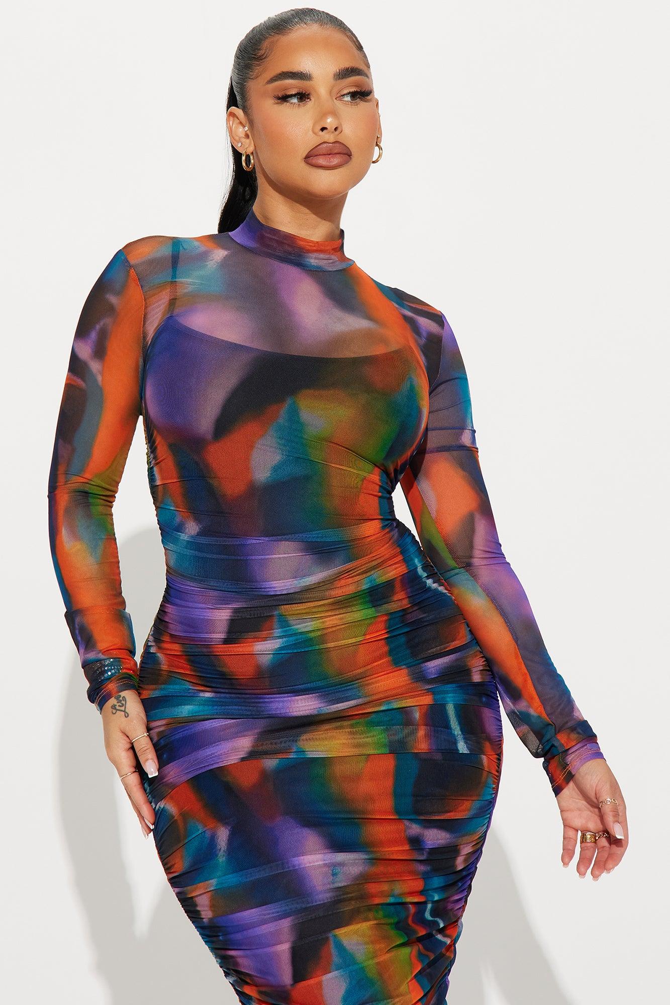 Anais Mesh Midi Dress - Orange/combo Product Image