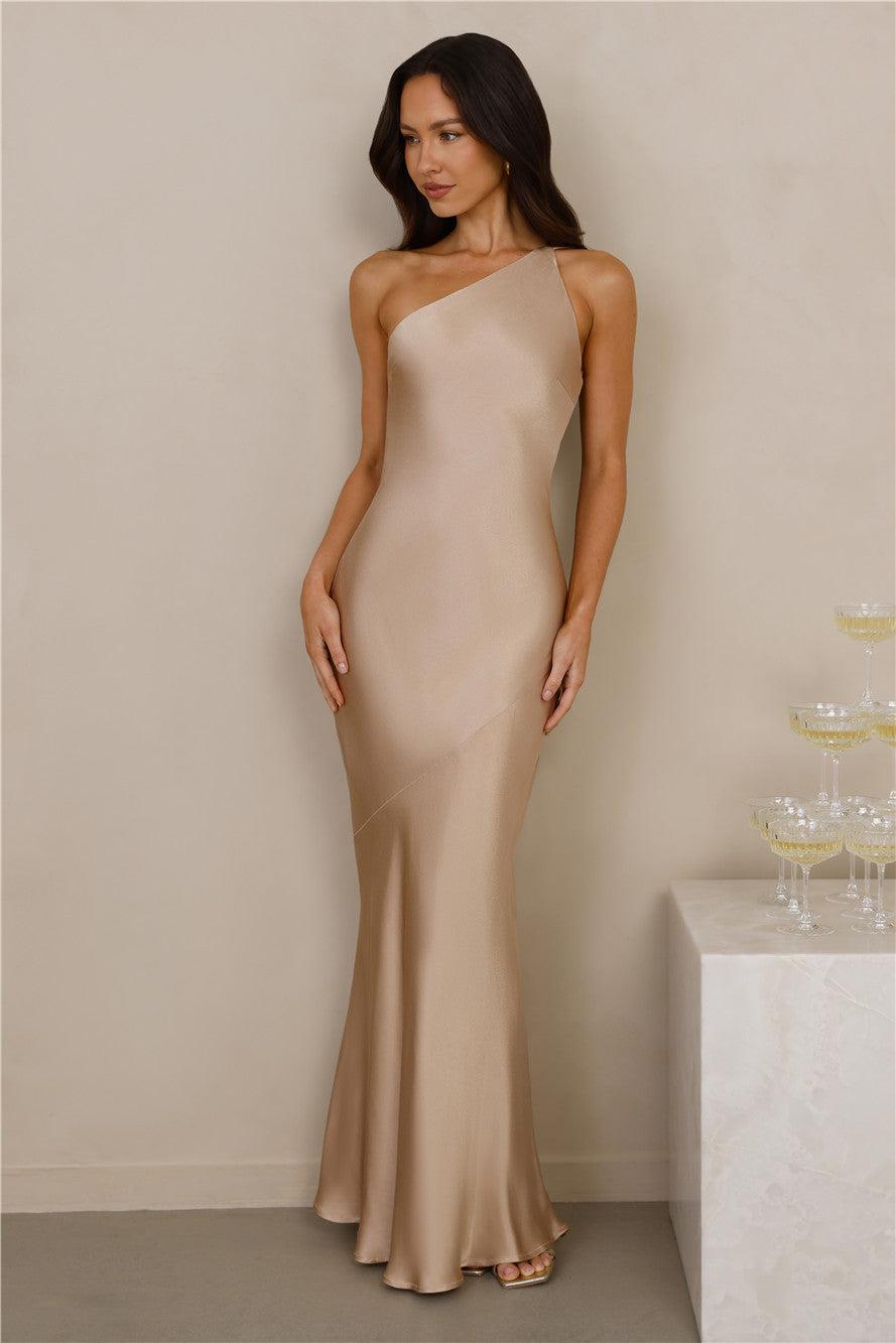 The Evangeline One Shoulder Satin Maxi Dress Champagne Product Image