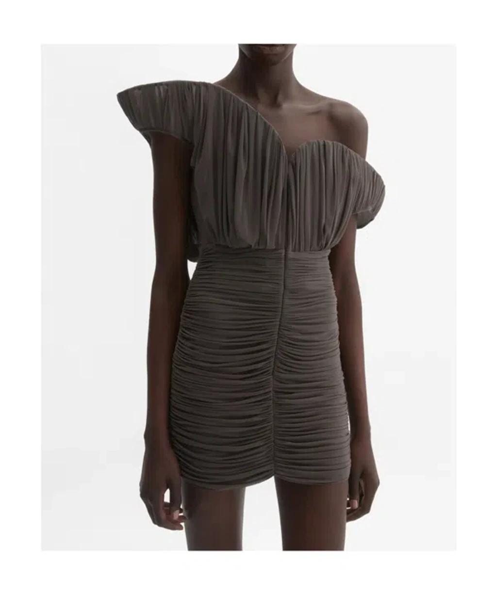 MAGDA BUTRYM Asymmetric One-shoulder Corset Dress With Ruffles In Brown Product Image