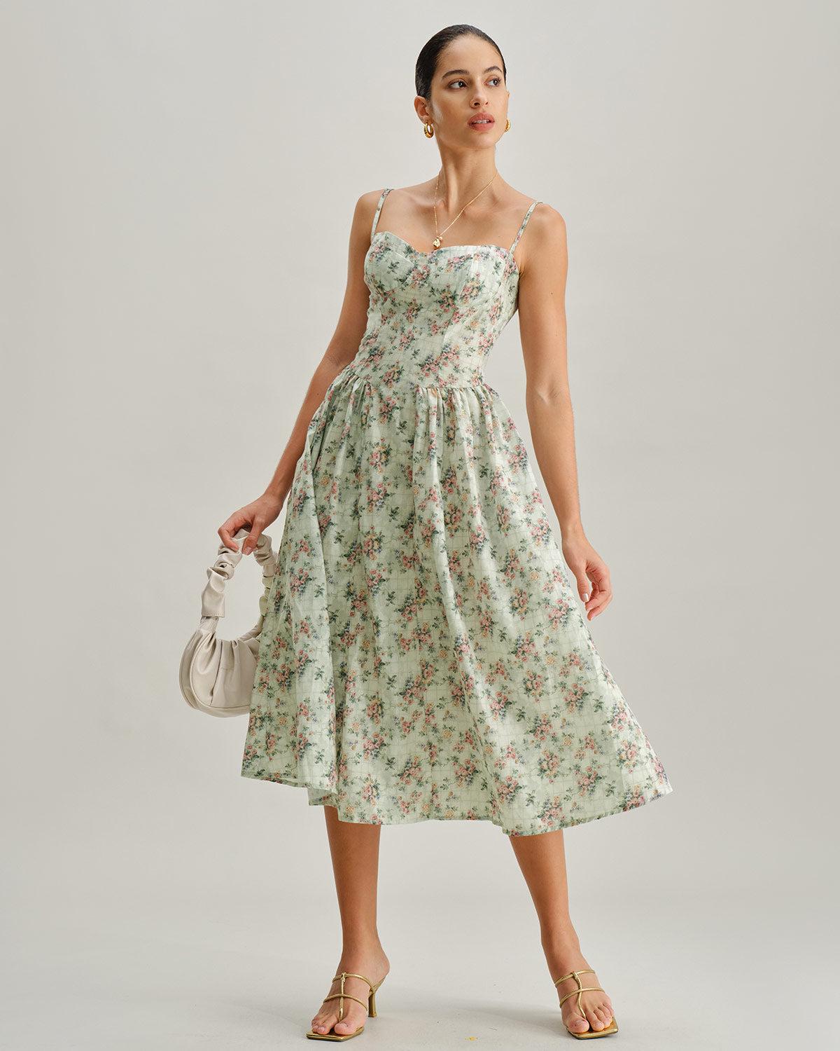 Green Floral Sweetheart Neck Pleated Slip Midi Dress Product Image