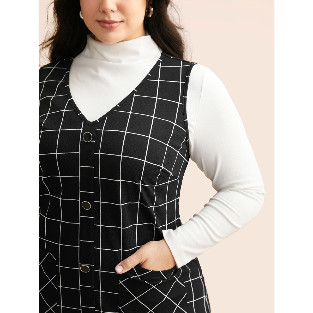 Plus Size Plaid V Neck Button Detail Dress Black Women Casual Button V-neck Sleeveless Curvy BloomChic 22-24/3X Product Image