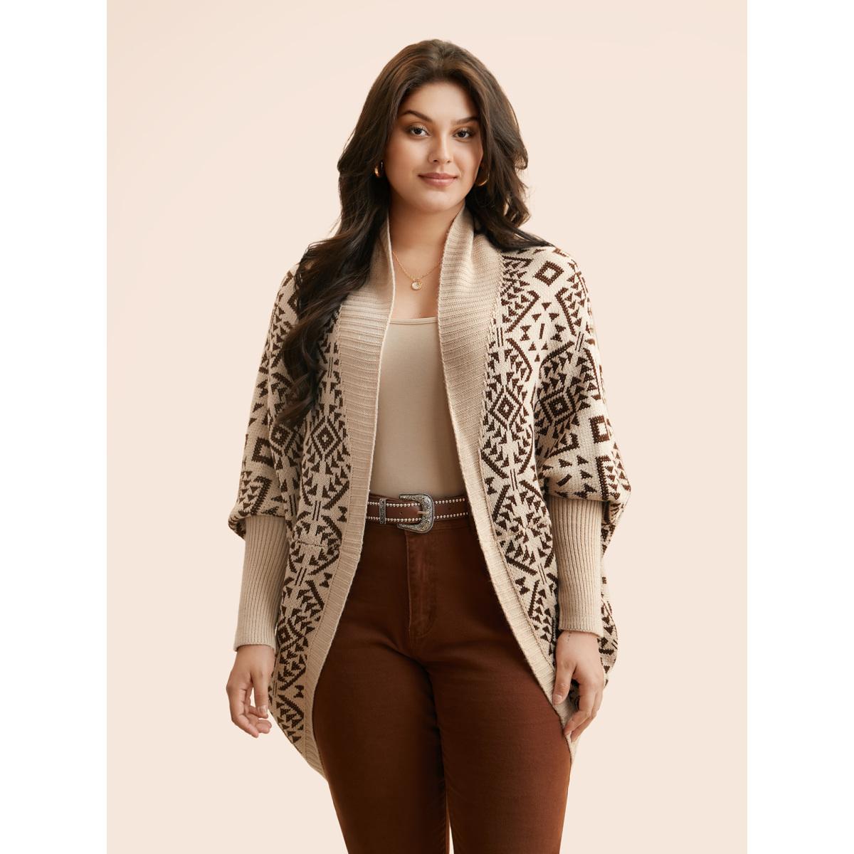 Plus Size Bandana Geometric Dolman Sleeve Cardigan DarkBrown Women Boho Loose Long Sleeve Vacation Cardigans BloomChic 26/4X Product Image