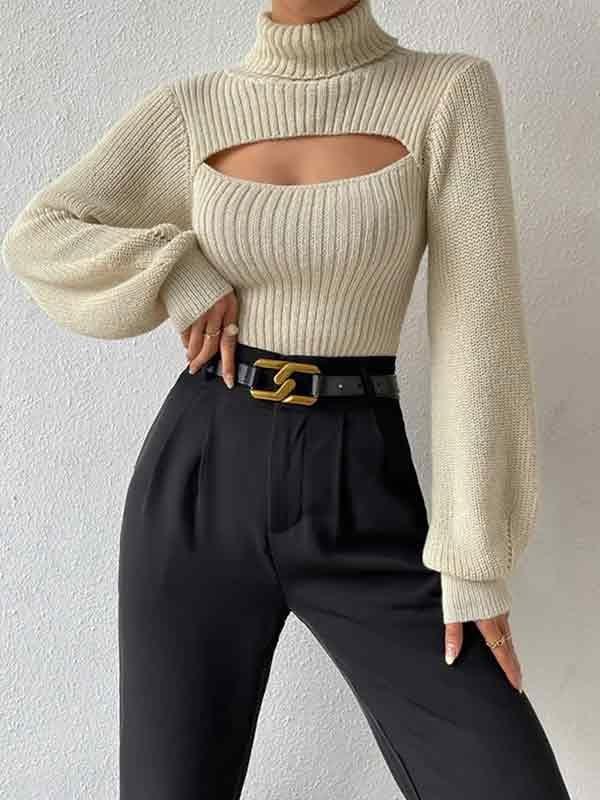 Solid Cutout High Neck Sweater Product Image